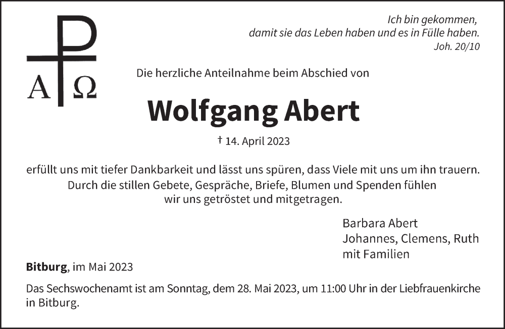  Traueranzeige für Wolfgang Abert vom 19.05.2023 aus trierischer_volksfreund