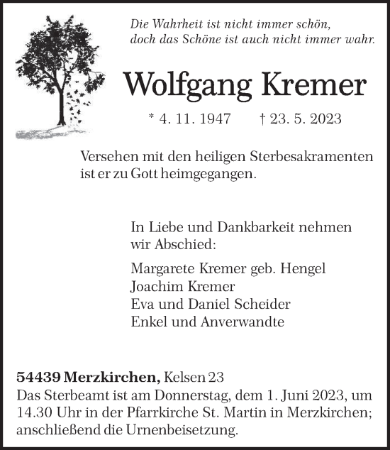 Traueranzeige von Wolfgang Kremer von trierischer_volksfreund