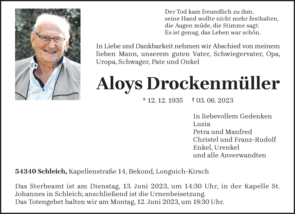  Traueranzeige für Aloys Drockenmüller vom 09.06.2023 aus trierischer_volksfreund
