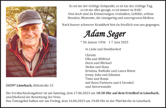 Traueranzeige von Adam Seger von trierischer_volksfreund