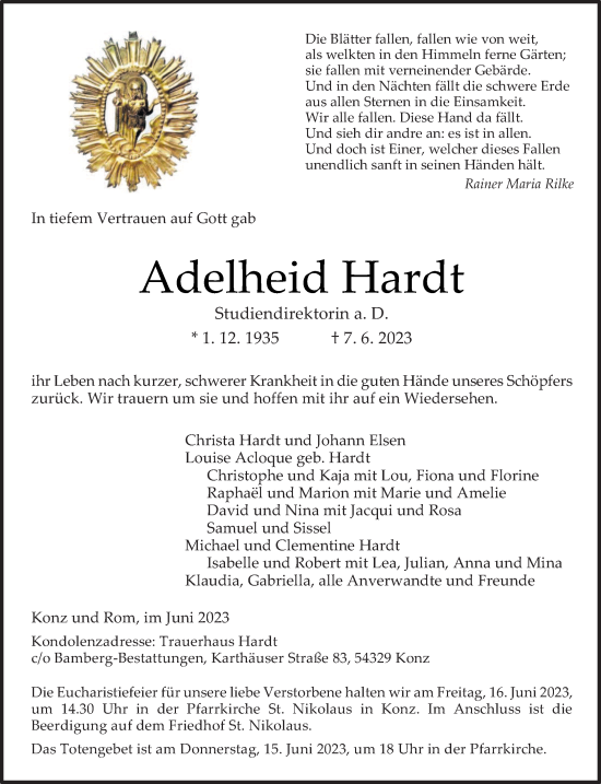 Traueranzeige von Adelheid Hardt von trierischer_volksfreund