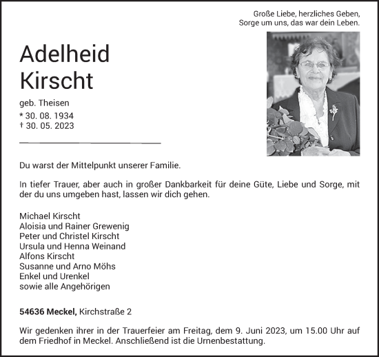 Traueranzeige von Adelheid Kirscht von trierischer_volksfreund
