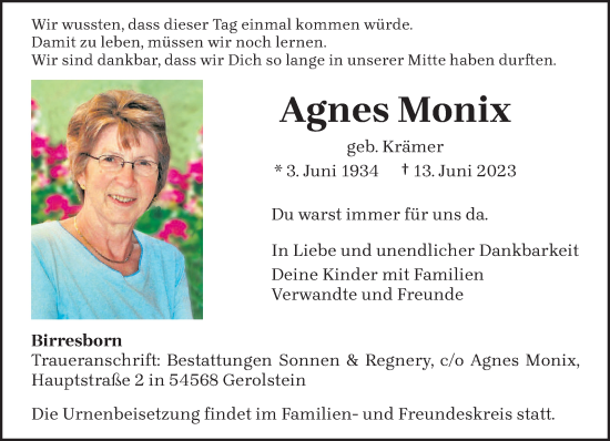 Traueranzeige von Agnes Monix von trierischer_volksfreund