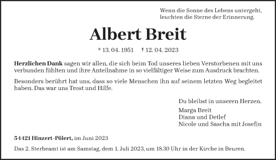 Traueranzeige von Albert Breit von trierischer_volksfreund