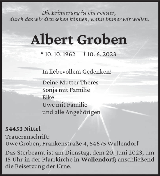 Traueranzeige von Albert Groben von trierischer_volksfreund