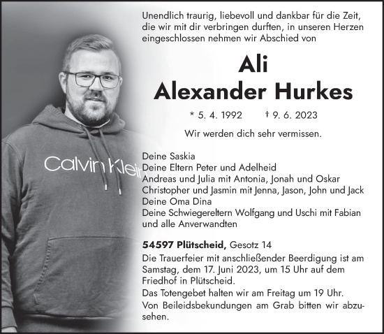 Traueranzeige von Alexander Hurkes von trierischer_volksfreund