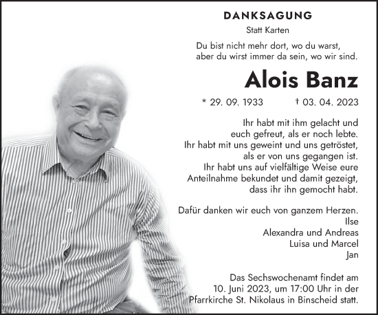Traueranzeige von Alois Banz von trierischer_volksfreund