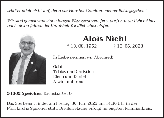 Traueranzeige von Alois Niehl von trierischer_volksfreund