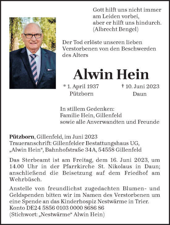 Traueranzeige von Alwin Hein von trierischer_volksfreund