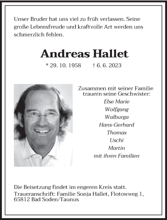Traueranzeige von Andreas Hallet von trierischer_volksfreund