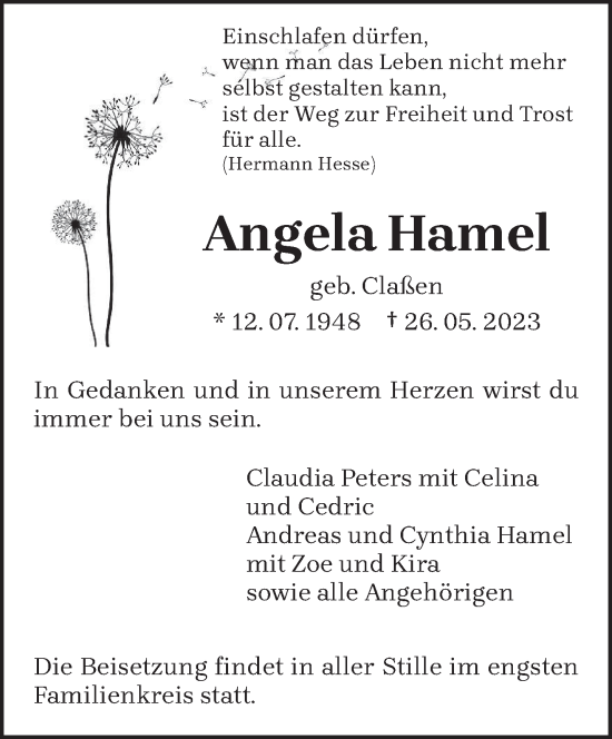 Traueranzeige von Angela Hamel von trierischer_volksfreund