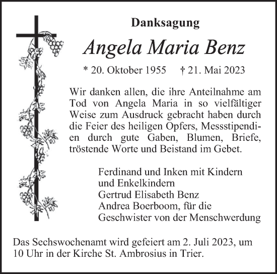 Traueranzeige von Angela Maria Benz von trierischer_volksfreund