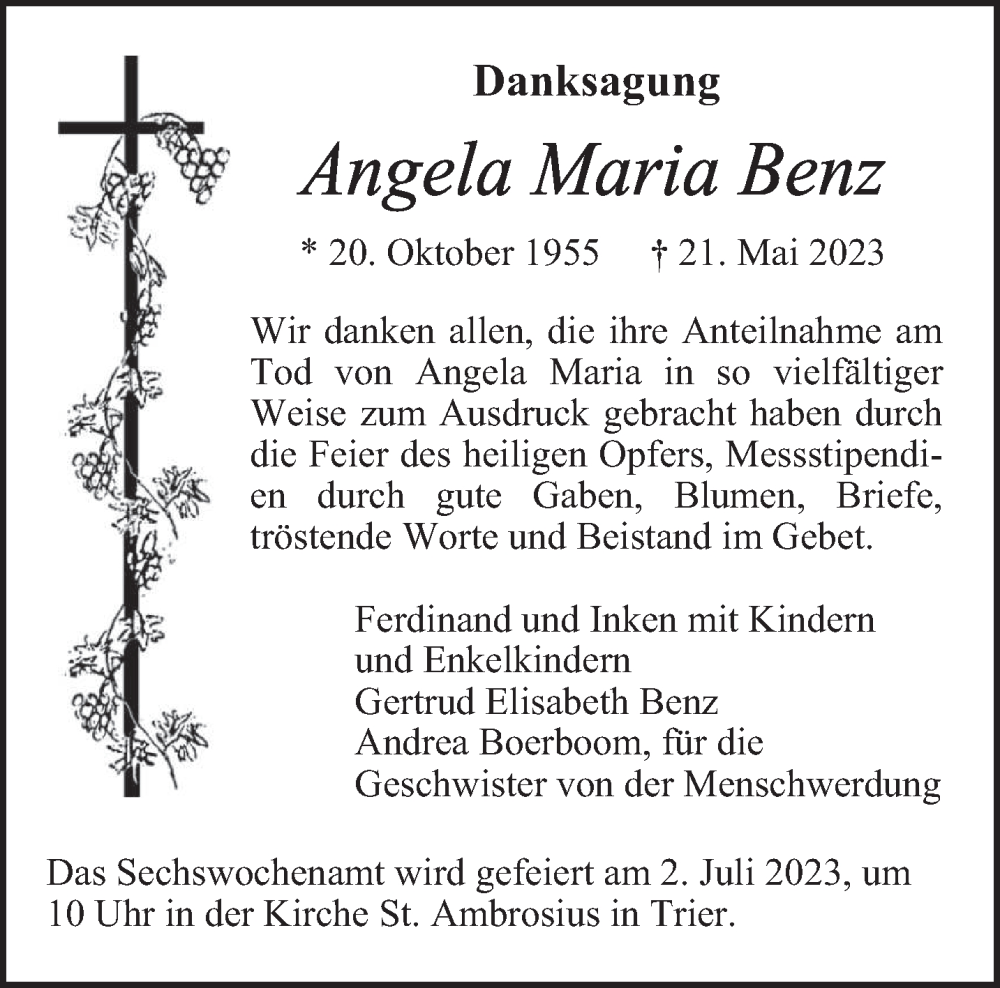  Traueranzeige für Angela Maria Benz vom 24.06.2023 aus trierischer_volksfreund