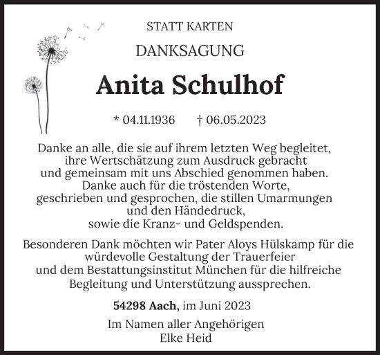 Traueranzeige von Anita Schulhof von trierischer_volksfreund