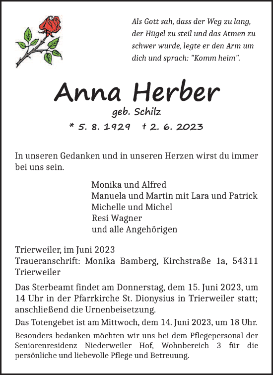 Traueranzeige von Anna Herber von trierischer_volksfreund