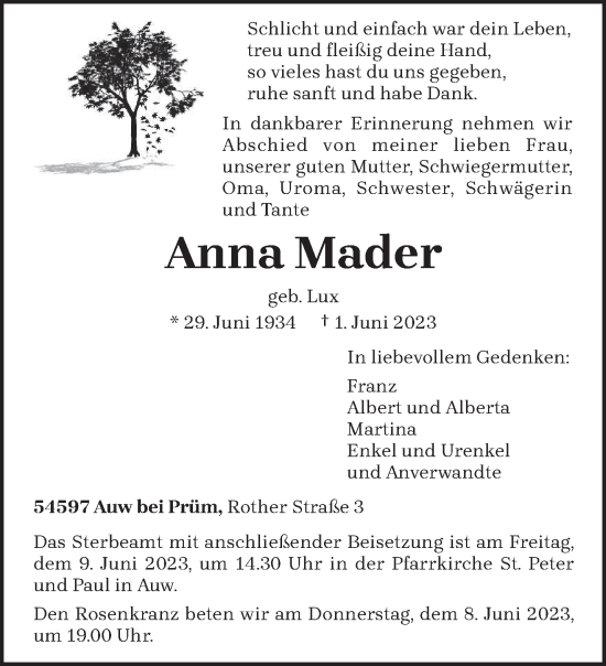 Traueranzeige von Anna Mader von trierischer_volksfreund