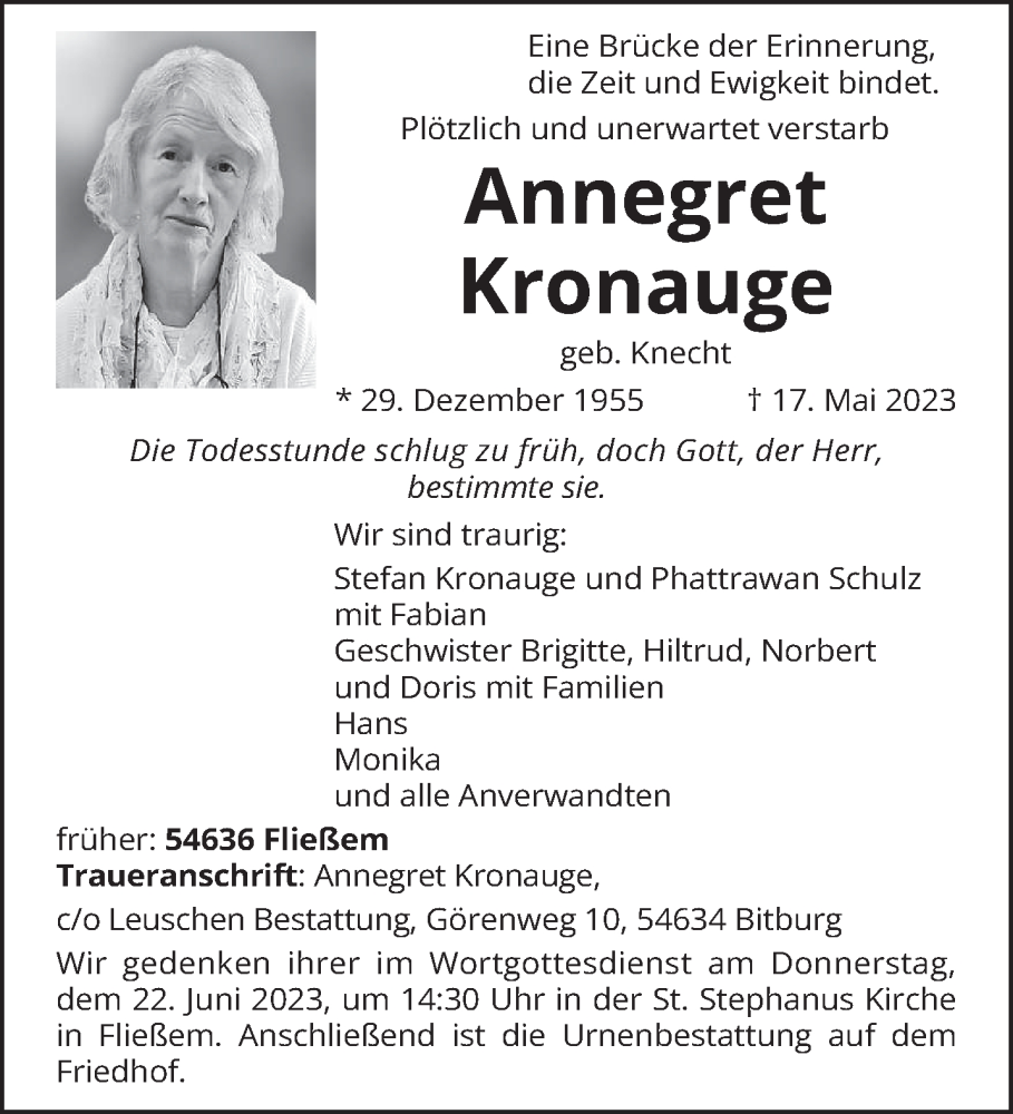  Traueranzeige für Annegret Kronauge vom 17.06.2023 aus trierischer_volksfreund