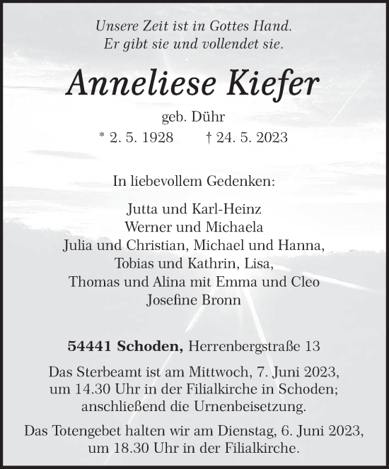 Traueranzeige von Anneliese Kiefer von trierischer_volksfreund