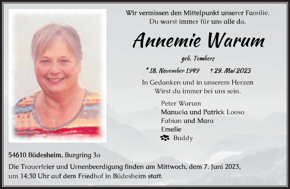  Traueranzeige für Annemie Warum vom 03.06.2023 aus trierischer_volksfreund