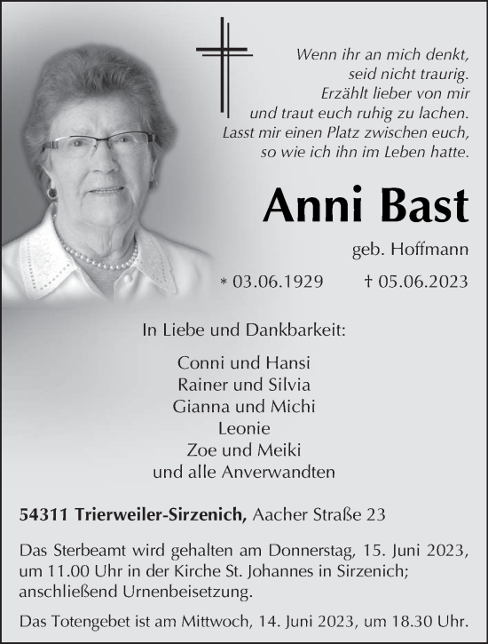 Traueranzeige von Anni Bast von trierischer_volksfreund