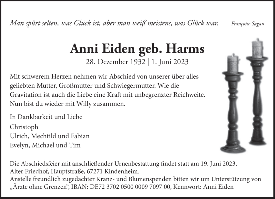 Traueranzeige von Anni Eiden von trierischer_volksfreund