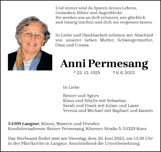 Traueranzeige von Anni Permesang von trierischer_volksfreund