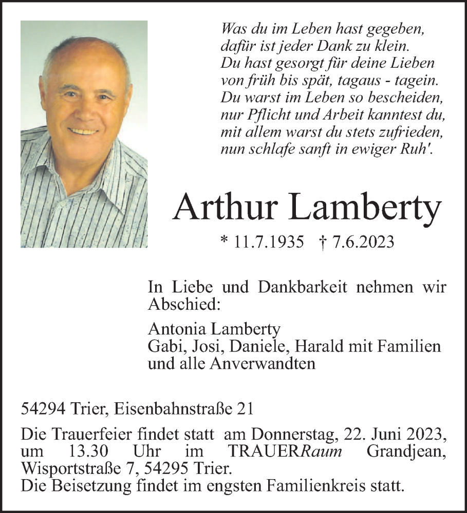  Traueranzeige für Arthur Lamberty vom 16.06.2023 aus trierischer_volksfreund