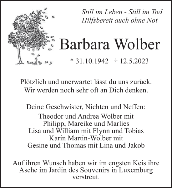 Traueranzeige von Barbara Wolber von trierischer_volksfreund