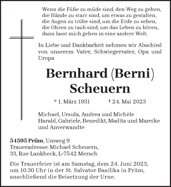 Traueranzeige von Bernhard Scheuern von trierischer_volksfreund