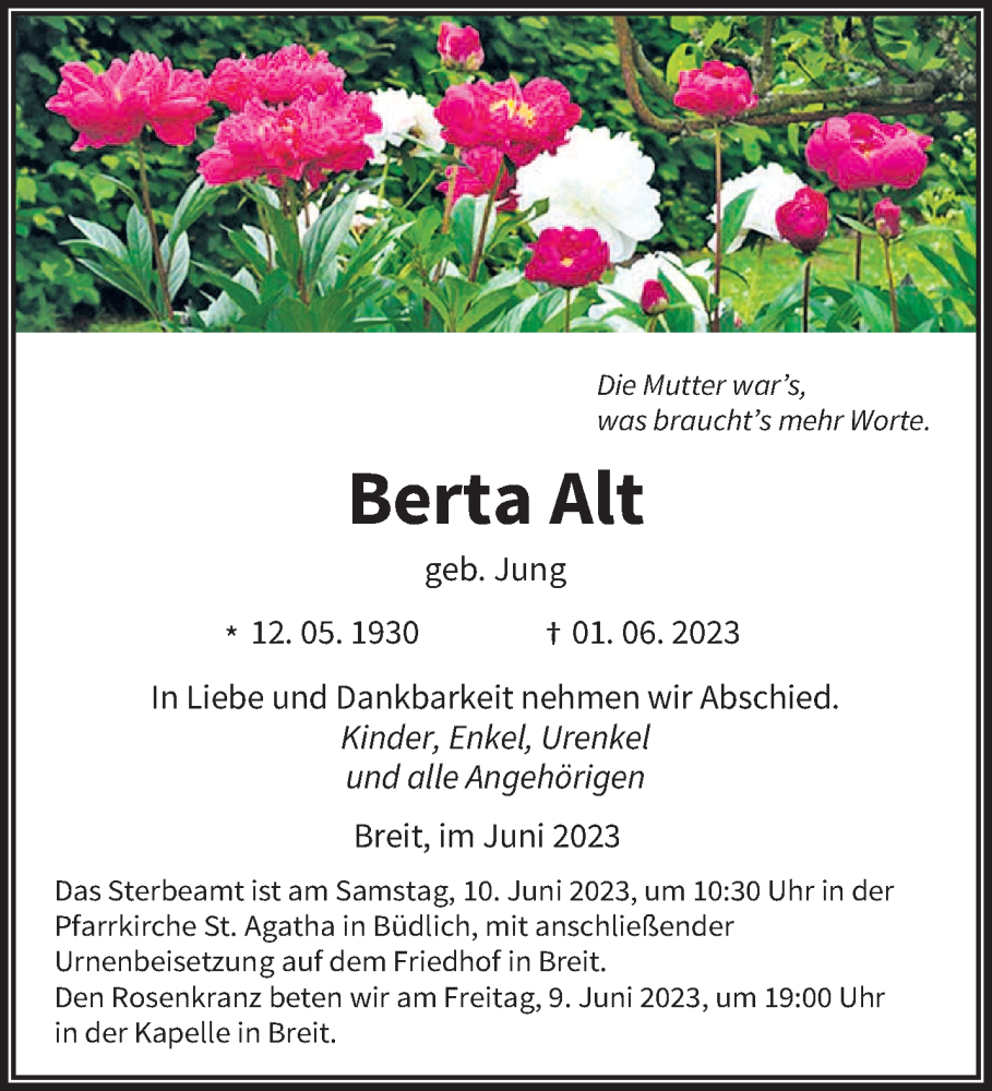  Traueranzeige für Berta Alt vom 07.06.2023 aus trierischer_volksfreund
