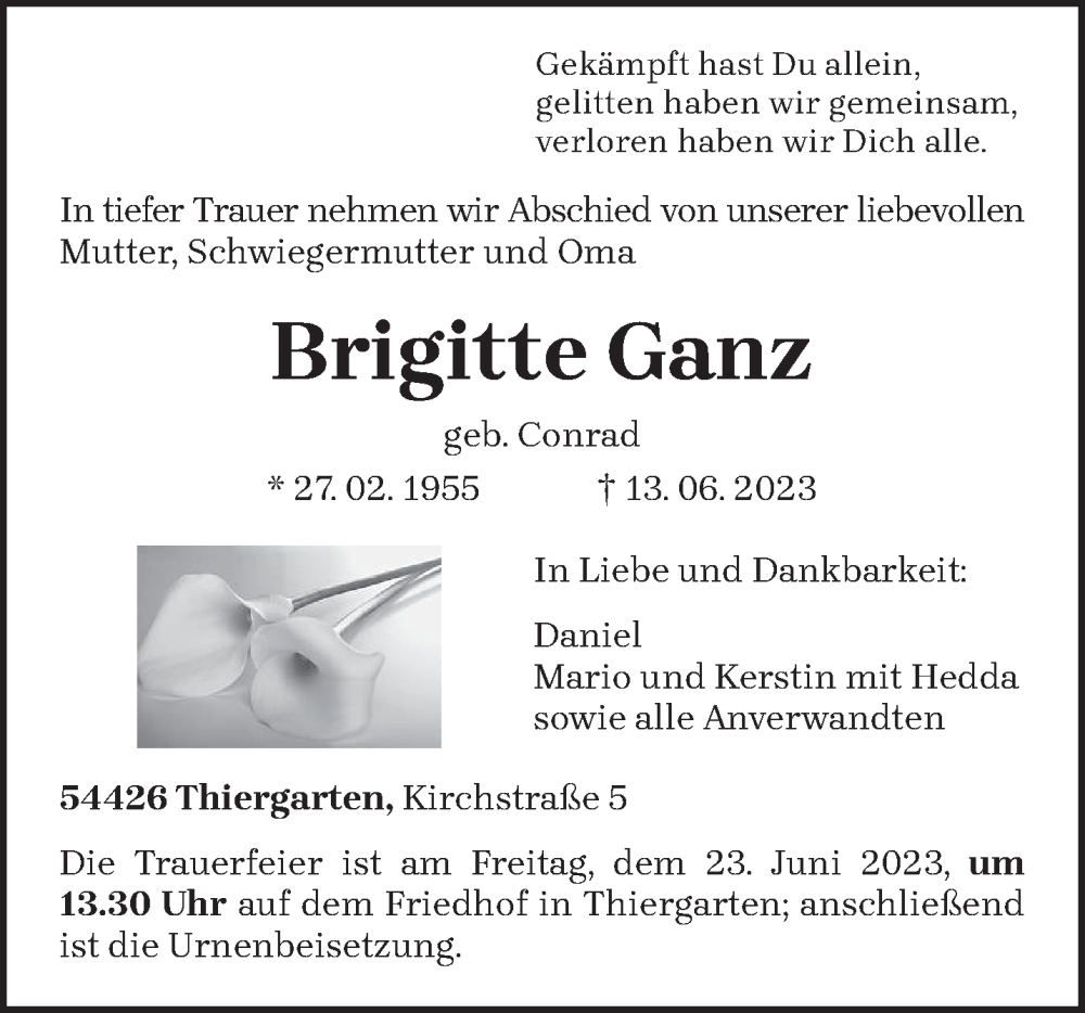  Traueranzeige für Brigitte Ganz vom 17.06.2023 aus trierischer_volksfreund