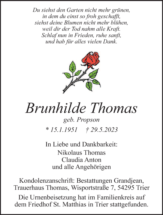 Traueranzeige von Brunhilde Thomas von trierischer_volksfreund