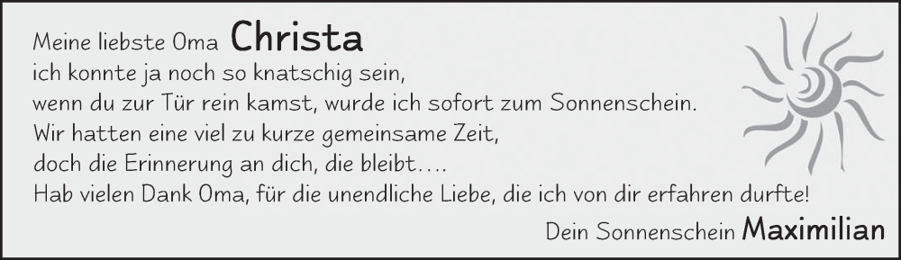  Traueranzeige für Christa  vom 10.06.2023 aus trierischer_volksfreund