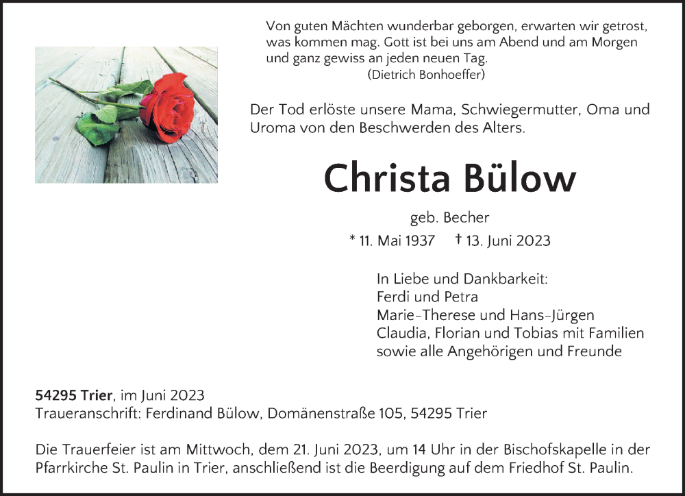  Traueranzeige für Christa Bülow vom 17.06.2023 aus trierischer_volksfreund