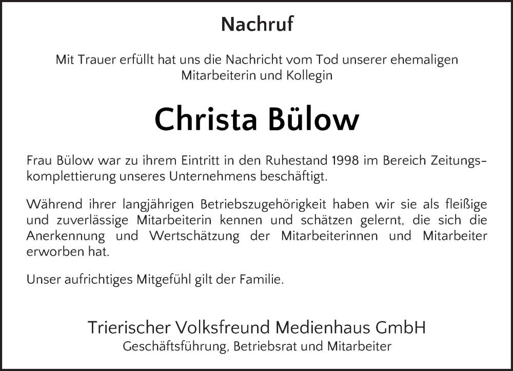  Traueranzeige für Christa Bülow vom 17.06.2023 aus trierischer_volksfreund