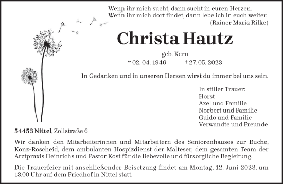Traueranzeige von Christa Hautz von trierischer_volksfreund