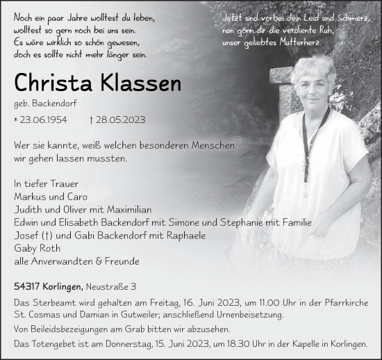 Traueranzeige von Christa Klassen von trierischer_volksfreund