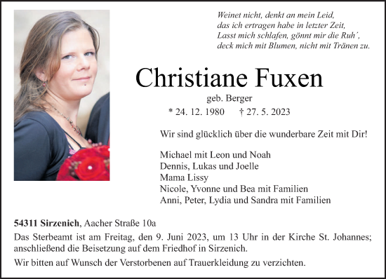 Traueranzeige von Christiane Fuxen von trierischer_volksfreund