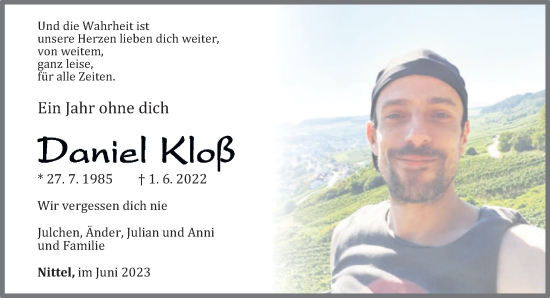 Traueranzeige von Daniel Kloß von trierischer_volksfreund