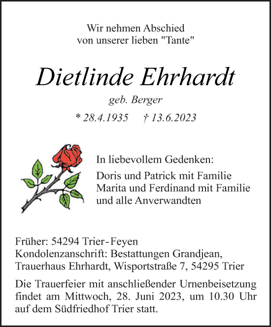 Traueranzeige von Dietlinde Ehrhardt von trierischer_volksfreund