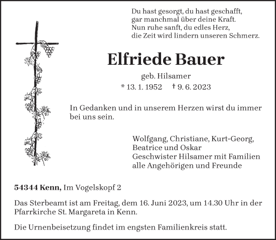 Traueranzeige von Elfriede Bauer von trierischer_volksfreund