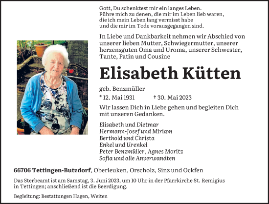 Traueranzeige von Elisabeth Kütten von trierischer_volksfreund