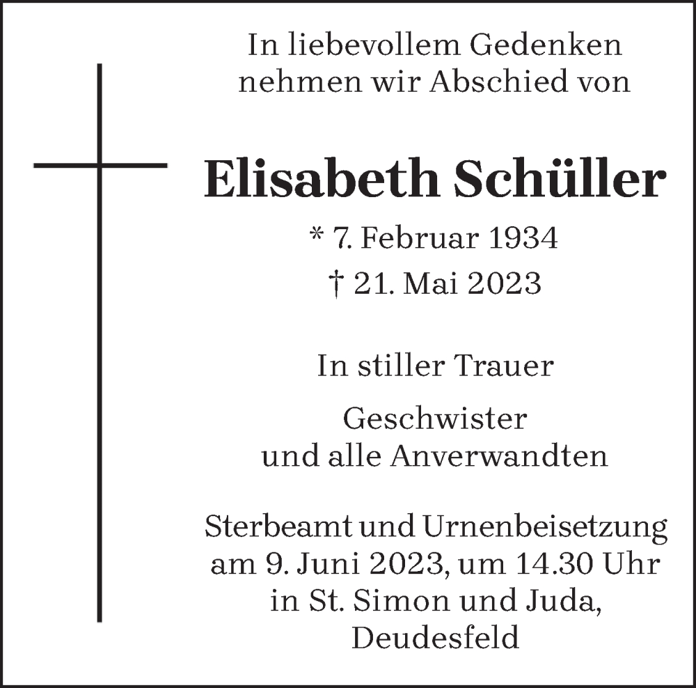  Traueranzeige für Elisabeth Schüller vom 07.06.2023 aus trierischer_volksfreund
