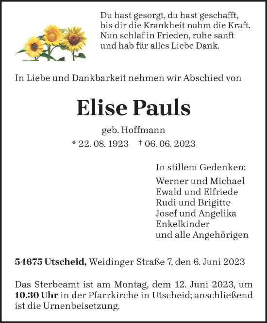 Traueranzeige von Elise Pauls von trierischer_volksfreund