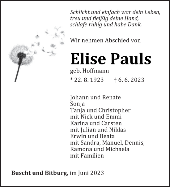Traueranzeige von Elise Pauls von trierischer_volksfreund