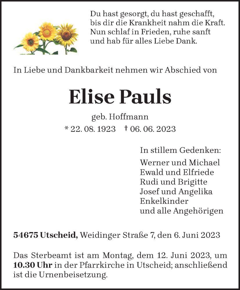  Traueranzeige für Elise Pauls vom 10.06.2023 aus trierischer_volksfreund
