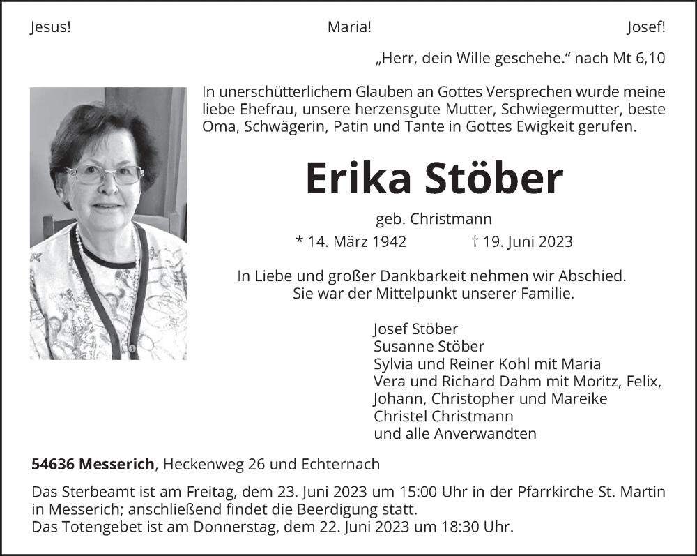  Traueranzeige für Erika Stöber vom 21.06.2023 aus trierischer_volksfreund