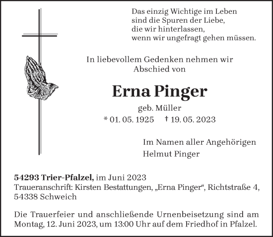 Traueranzeige von Erna Pinger von trierischer_volksfreund