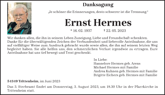 Traueranzeige von Ernst Hermes von trierischer_volksfreund
