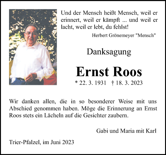 Traueranzeige von Ernst Roos von trierischer_volksfreund